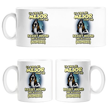 Taza la vida es mejor con un perro raza Basset Hound blanco y negro que se llama personalizable con nombre