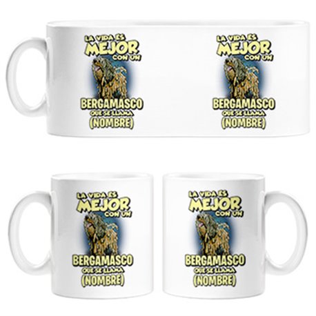 Taza la vida es mejor con un perro raza Bergamasco que se llama personalizable con nombre