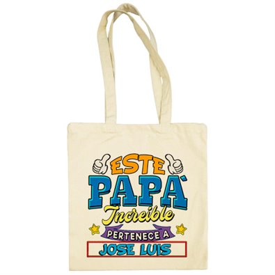 Bolsa de tela personalizable con nombre ejemplo Este papá increíble pertenece a Pablo y Raúl